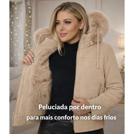 Jaqueta Feminina de Camurça Forrada com Pelo – Super Quente!