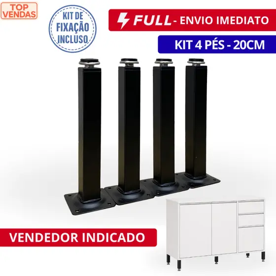 Kit 4 Unidades Pés Para Móveis Regulável Quadrado Preto 20cm