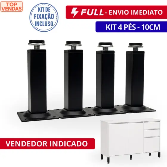 Kit 4 Unidades Pés Para Móveis Regulável Quadrado Preto 10cm
