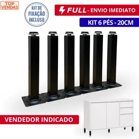 Kit 6 Unidades Pés Para Móveis Regulável Quadrado Preto 20cm
