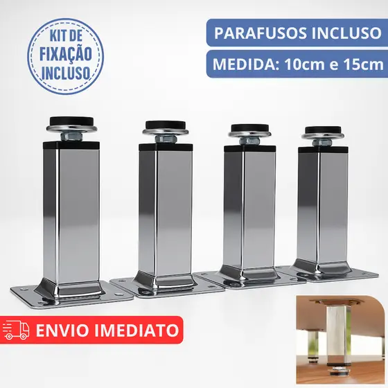 Kit Pés Para Móveis Regulável Quadrado Cromado 10cm 15cm
