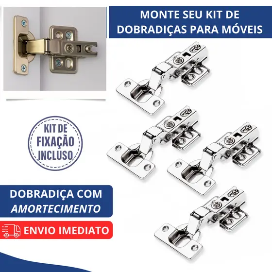 Kit Dobradiças com Amortecedor para Armário Móveis 35mm Reta Curva