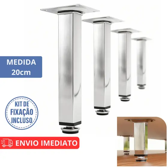 Kit Pés Para Móveis Regulável Quadrado Cromado 20cm