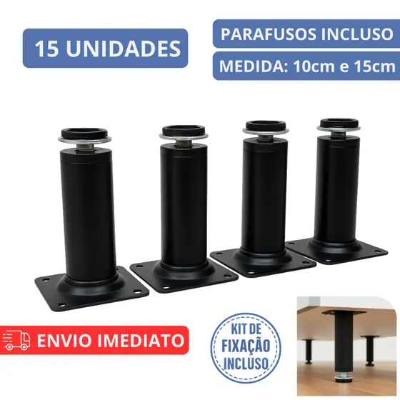 Kit 15 Pés Para Móveis Regulável Redondo Preto 10cm 15cm