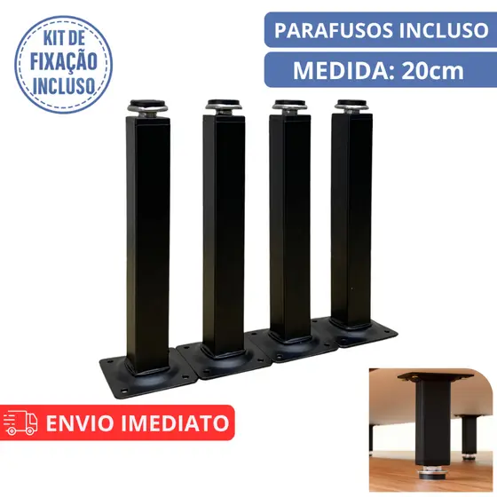 Kit Pés Para Móveis Regulável Quadrado Preto 20CM