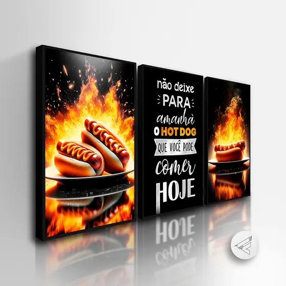 Kit 3 Quadros Decorativos  Hot Dog para lanchonete, com Frase Personalizada!