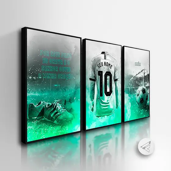 Kit 3 Quadros Decorativos Futebol Verde, Chuteira, Bola *NOME* personalizado! quarto sala All
