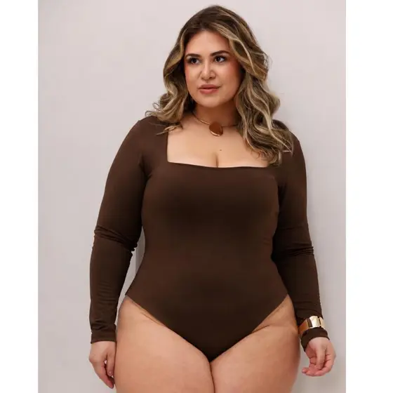 Body Plus Size Feminino Decote Quadrado Manga Longa Segunda Pele Tecido Suplex Frio Inverno