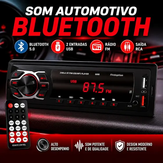 Rádio Som Automotivo Mp3 1 Din Bluetooth 2 USB Rca Auxiliar Carro Universal