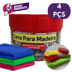 Kit 04 Pçs: 01 Cera Pasta Para Madeira Abelha Com Carnaúba + 03 Panos Microfibra Lustra Conserva