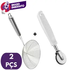 Kit 02 itens: Escumadeira Aramada Fritura Óleo Inox + Carretilha Cortador Massa Pizza Pastel