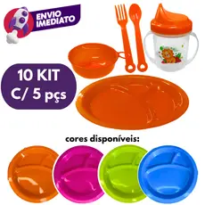 Jogo Papinha Refeição Infantil Plástico 5Pç: Prato/Colher/Garfo/Copo/Tigela Kit Com 08 Ou 10 Un