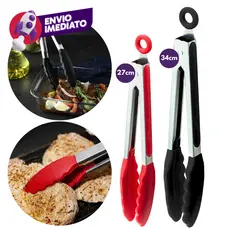Pegador Salada Pinça Culinária 27 e 34Cm Inox E Silicone Com Pé Apoio Carne Churrasco Massa Cozinha