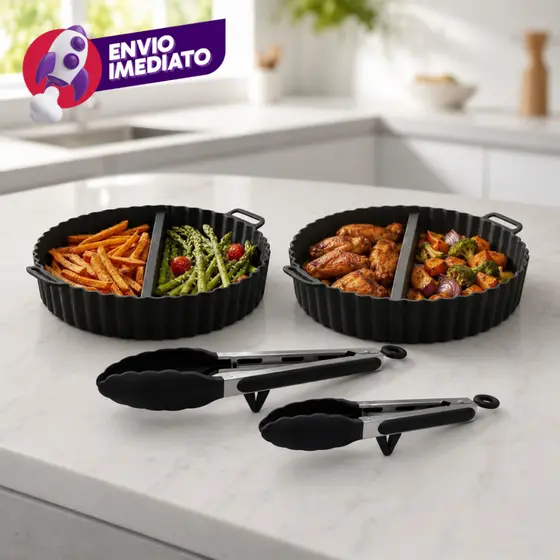 Kit Forma Air Fryer + Pegador Pinça Culináraria Inox e Silicone Multifuncional Tamanhos 27 e 34cm