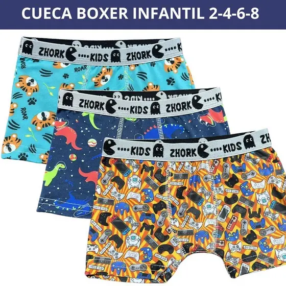 Kit 3 Cuecas Box Microfibra Forro 100% algodão 4 ao 8 Boxer Infantil Estampas Sortidas
