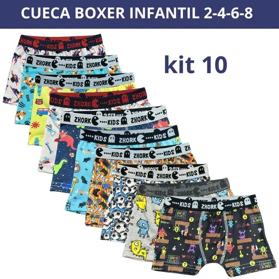 Kit 10 Cuecas Box Microfibra Forro 100% algodão 4 ao 8 Boxer Infantil Estampas Sortidas