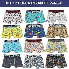 Kit 12 Cuecas Box Microfibra Forro 100% algodão 4 ao 8 Boxer Infantil Estampas Sortidas