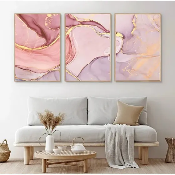 Quadro Decorativos Sala Quarto Escritorio 3 Peças Marmorizado Rosa Dourado