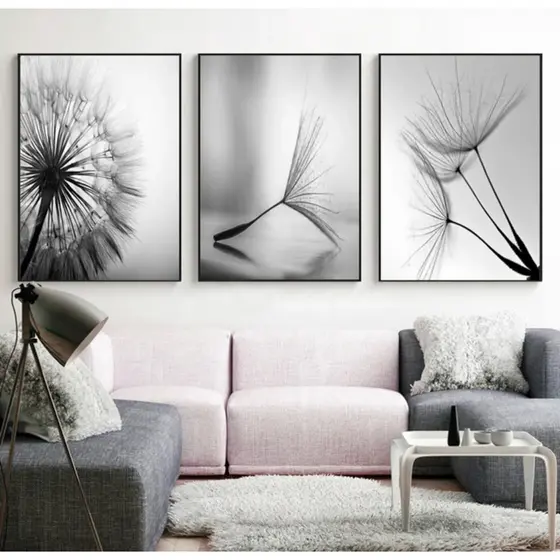 Quadro Decorativos 3 Peças Dente De Leão Preto e Branco