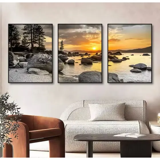Quadro Decorativos 3 Peças Paisagem Por do Sol Praia