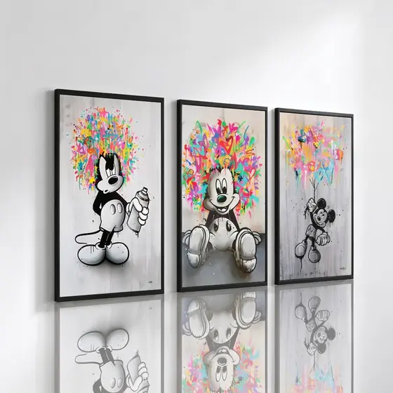 kit Quadro Decorativos 3 peças Mickey Preto Branco Colorido