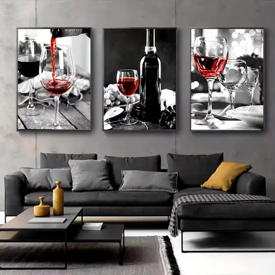 Quadro Decorativos 3 Peças Taças Vinhos Preto e Branco