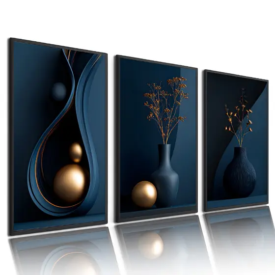 Kit 3 Quadros Decorativos Abstratos Azul e Dourado Luxo Moderno para Sala