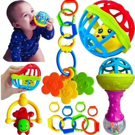 Kit Brinquedos Para Bebê Chocalhos Mordedor Sensorial 5 Peças Brinquedo Infantil Musical Coisas de Bebê Neném Criança
