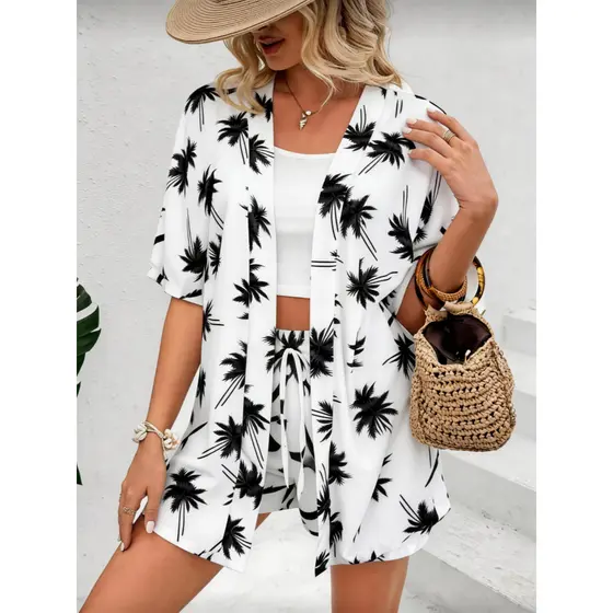 Conjunto De Camisa Impressa Feminina Com Frente Aberta E Shorts  M G GG