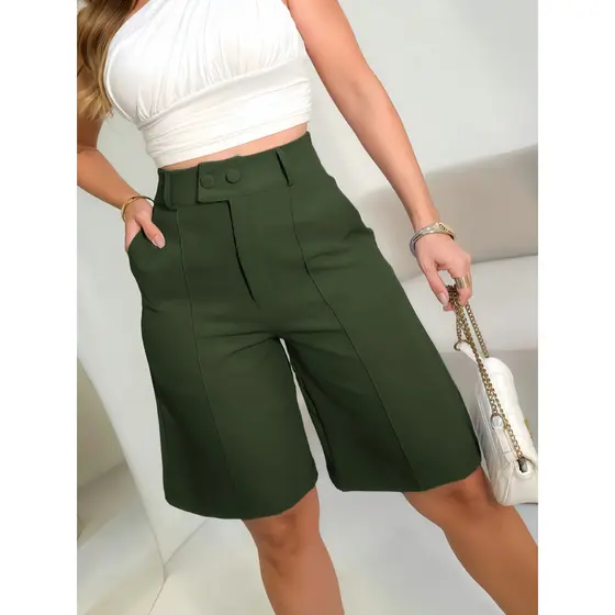 Bermuda Shorts Feminina/ Cintura Alta/ Bolsos Laterais/Com Dois Botao Tecido De Alfaiataria Tamanho P M G GG G1 G2 G3