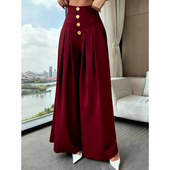 Calça Pantalona Feminina Solta, de Cor Sólida, com Botões na Frente e Pregas P M G GG G1 G2 G3