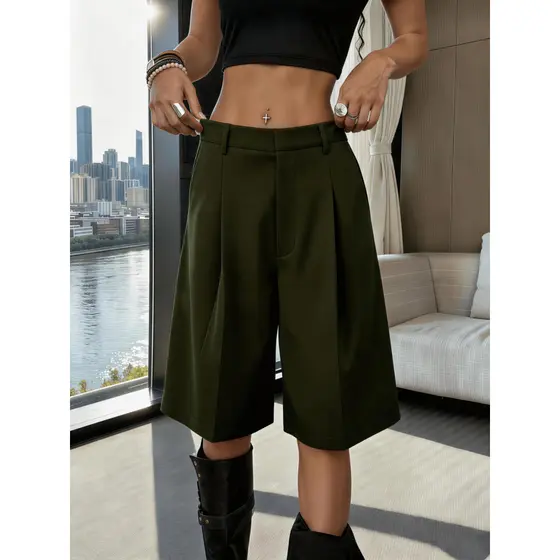 Bermuda Feminina Casual Solta de Perna Larga, Cor Sólida, Adequada para Verão, Outono,P M G