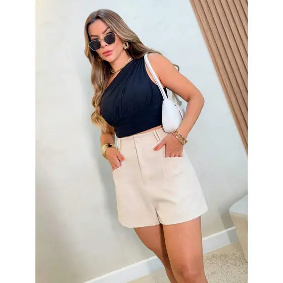 shorts alfaiataria feminina com alta cintura zipel botao bolsa P M G GG