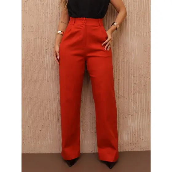 Calça Linho pantalona feminina com bolsos elegante cintura alta Bolso nas costas P M G