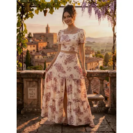 Conjunto de 2 peças com Camisa de Manga Curta Estampa Floral  Saia Longo com Bainha Fendida, Elegante para Férias e Uso