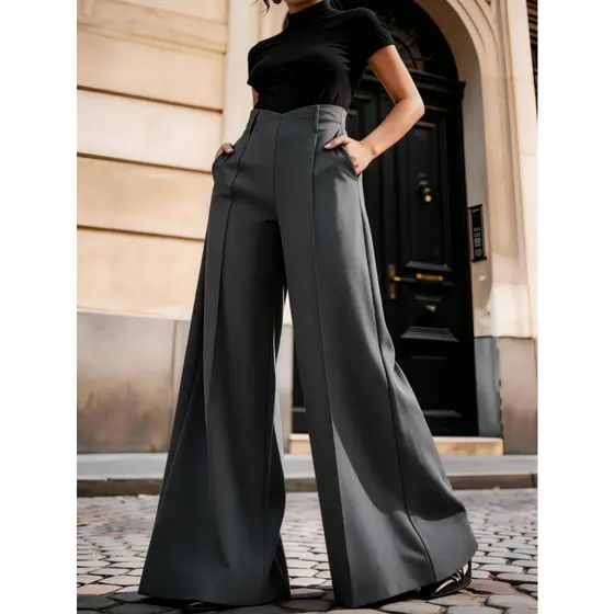 Calça Flare De Cintura Alta Com Bolso Em V De Cor Sólida, Elegante Para Outono/Inverno P M G