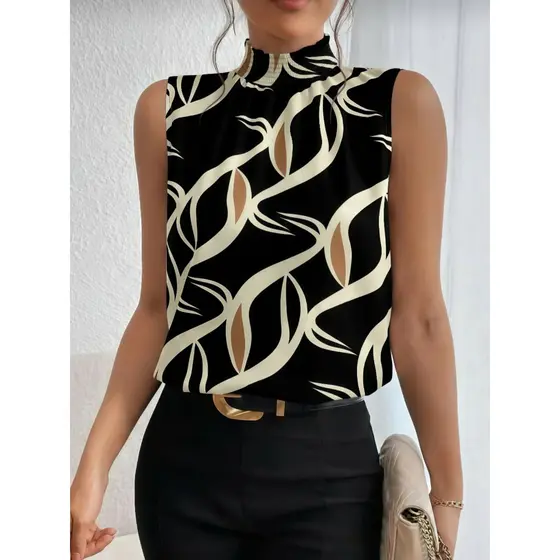 Camisa Regatas Casual de Verão para Mulheres com Gola Alta e Estampa Sem Mangas com Barra Enrugada P M G GG
