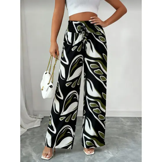 Calça de Perna Larga com Cintura Elástica e Estampa de Silhueta para Mulheres Verão Boho Chic P M G