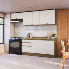 Armário de Cozinha Completa 100% MDF 260cm Nogueira/Branco Celeste Kappesberg