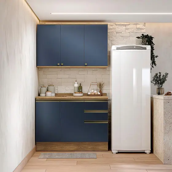 Armário de Cozinha Compacta 100% MDF 120cm Nogueira/Azul Profundo Celeste Kappesberg