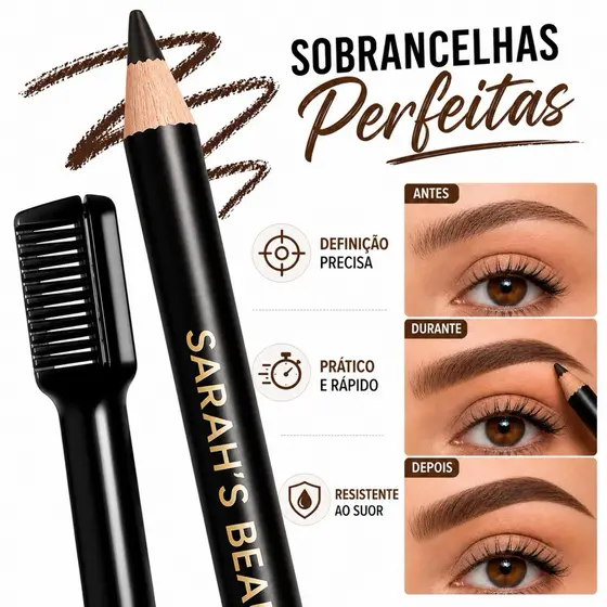 Lápis de Sobrancelha Preto SARAH’S Beauty com Mini Pente | Longa Duração