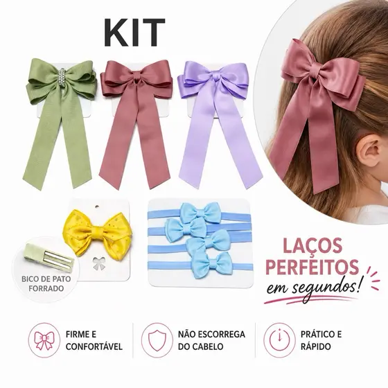 Kit de Laços de Cabelo Luxo Artesanal – Bico de Pato Forrado + Faixa RN Confortável