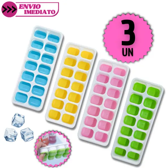 Kit 3 Formas de Gelo Fundo de Silicone Fácil Remoção