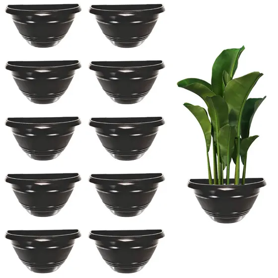 Kit 10 Vaso de Parede Preto 1 Litro Meia Lua de Plástico Flores Plantas Jardim Vertical