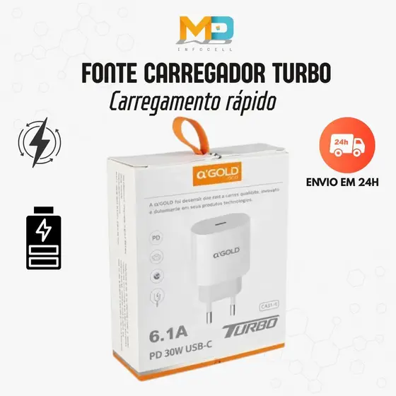 Fonte Carregador PD USB C 30W Turbo Anatel Rápido Original AGOLD Tomada Android Iphone