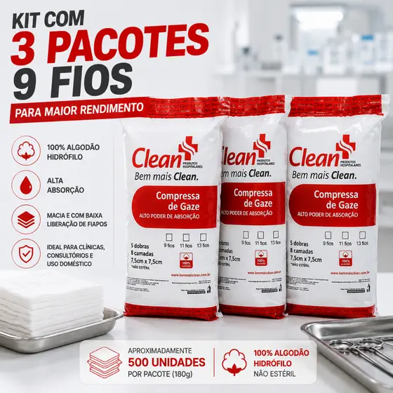 Kit 3x Compressa Gaze 9 Fios Hidrófila Curativo 1500un ou 540g