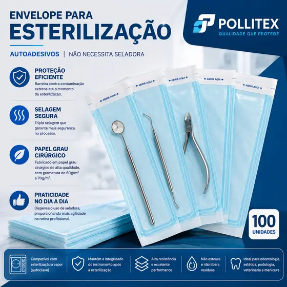 Envelope Esterilização 100un / 200un 9×23cm Alicate Odontológico Estética e Manicure