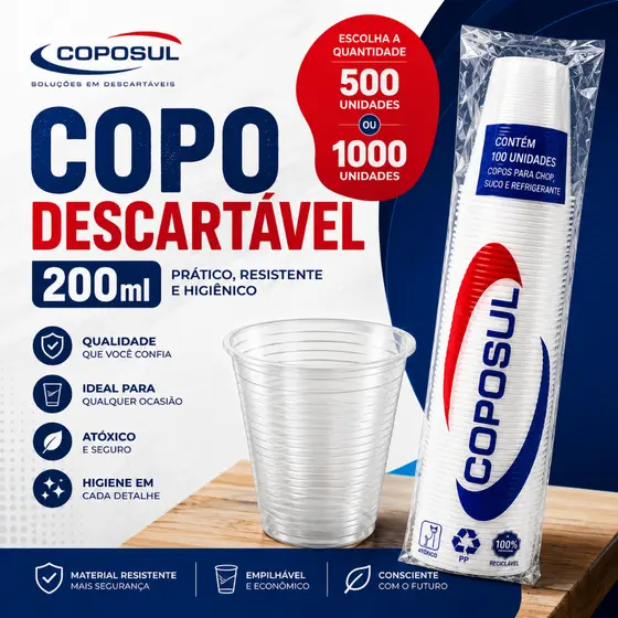 Copo Descartável 200ml 500un /1000un Coposul Atacado Festas Sucos e Refrigerantes