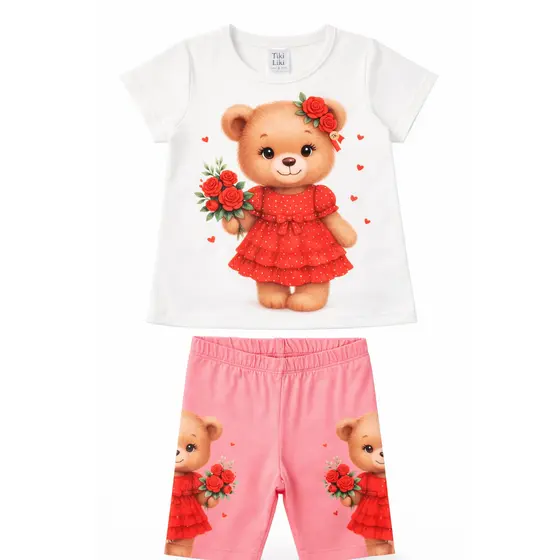 Conjunto Infantil Ursinha Floral Rosa
