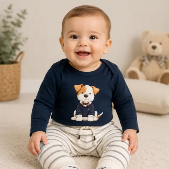 Conjunto Bebê Cachorrinho Body Manga Longa e Calça Listrada Infantil Menino